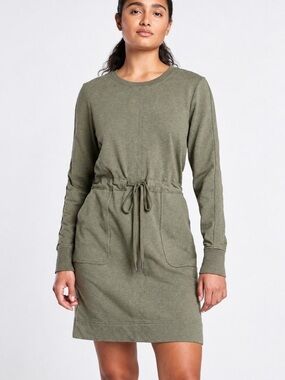 Athleta Farallon Heather Olive Green Drawstring Long-Sleeve Sweatshirt Dress